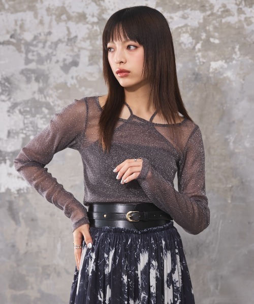 DIP IN CHOCOLATE(ディップインチョコレート)の「ラメ入りシアートップス【DIP IN CHOCOLATE】(Tシャツ/カットソー・レディース・ブラック/ライトグレー/グリーン・F)」の1枚目の写真
