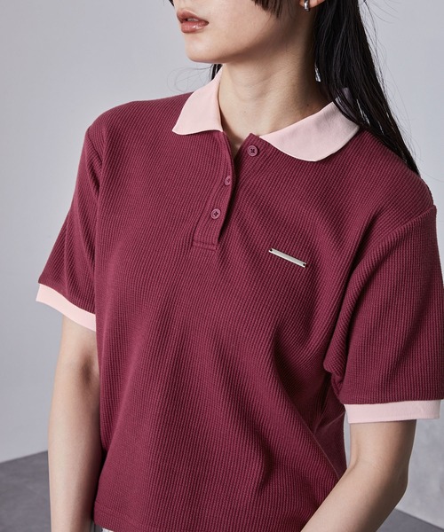 nui nullu(ヌイヌル)の「【nui nullu】メタルプレートリンガークロップドワッフルポロシャツ(ポロシャツ・レディース・ネイビー/オフホワイト/ブラック/サックスブルー/ワイン・FREE)」の5枚目の写真