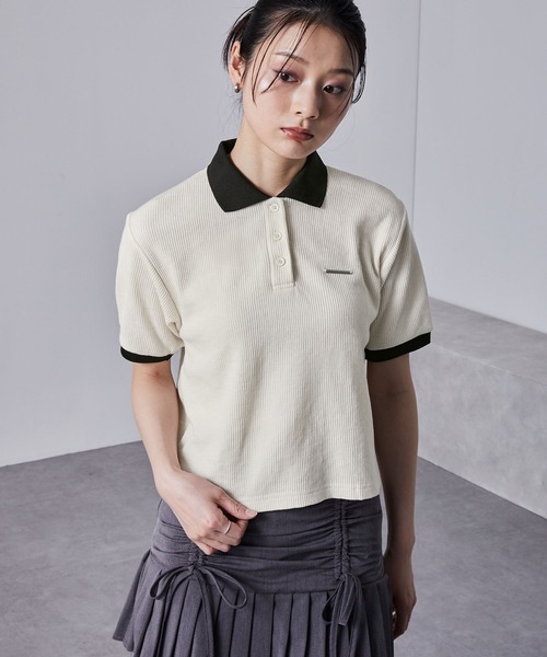 nui nullu(ヌイヌル)の「【nui nullu】メタルプレートリンガークロップドワッフルポロシャツ(ポロシャツ・レディース・ネイビー/オフホワイト/ブラック/サックスブルー/ワイン・FREE)」の22枚目の写真