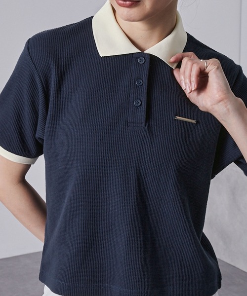 nui nullu(ヌイヌル)の「【nui nullu】メタルプレートリンガークロップドワッフルポロシャツ(ポロシャツ・レディース・ネイビー/オフホワイト/ブラック/サックスブルー/ワイン・FREE)」の7枚目の写真