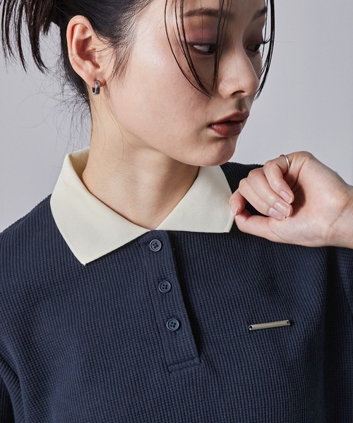 nui nullu(ヌイヌル)の「【nui nullu】メタルプレートリンガークロップドワッフルポロシャツ(ポロシャツ・レディース・ネイビー/オフホワイト/ブラック/サックスブルー/ワイン・FREE)」の9枚目の写真