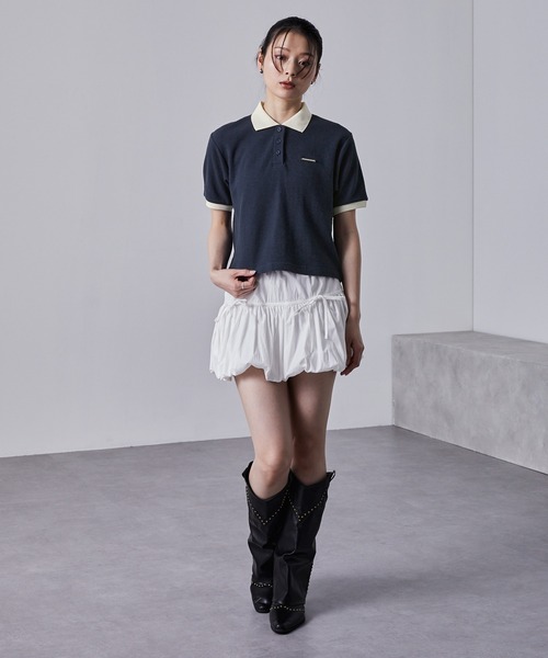 nui nullu(ヌイヌル)の「【nui nullu】メタルプレートリンガークロップドワッフルポロシャツ(ポロシャツ・レディース・ネイビー/オフホワイト/ブラック/サックスブルー/ワイン・FREE)」の16枚目の写真