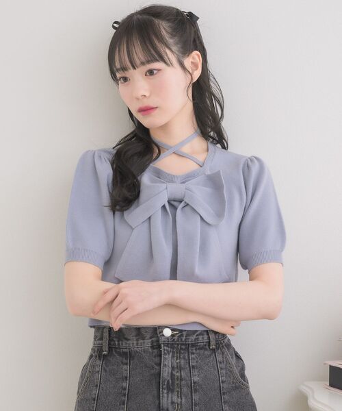 エムズグレイシー❤️カタログ・インスタ掲載取り外し可能リボン付き半袖ニット リボン刺繍入りニット | msgracy