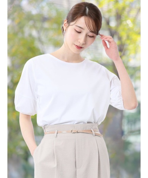 m.f.editorial（エムエフエディトリアル）の「【接触冷感 UVカット 綿100％】m.f.エディトリアル レディース 綿スムス クルーネック パフギャザーウォッシャブルTシャツ（Tシャツ/カットソー・レディース・ブラック/ライトグレー/ホワイト・MEDIUM/LARGE）」の2枚目の写真