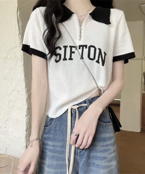 ハーフZIP襟付きロゴプリントトップス（Tシャツ/カットソー