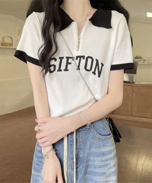 LETee(レティー)の「ハーフジップ×配色デザインが旬顔!スポーティーで大人可愛いロゴポロトップス(Tシャツ/カットソー・レディース・ブラック/ベージュ/ホワイト・FREE)」の5枚目の写真