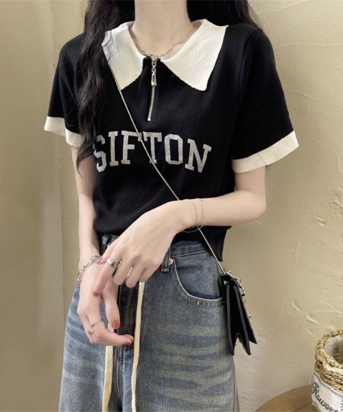 LETee(レティー)の「ハーフジップ×配色デザインが旬顔!スポーティーで大人可愛いロゴポロトップス(Tシャツ/カットソー・レディース・ブラック/ベージュ/ホワイト・FREE)」の7枚目の写真