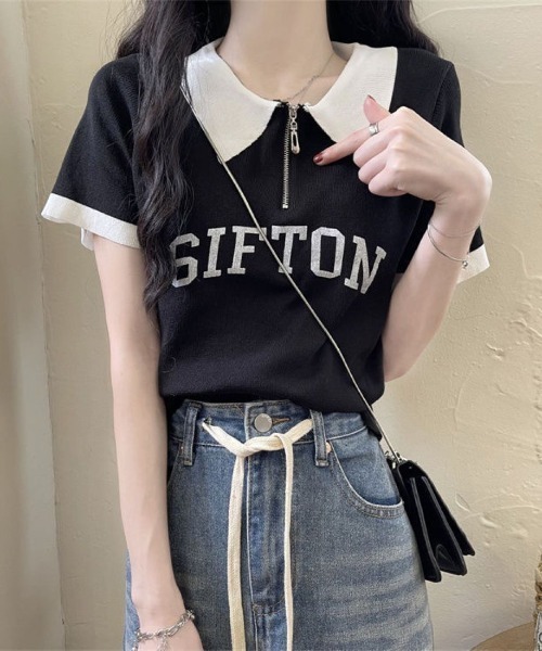 LETee(レティー)の「ハーフジップ×配色デザインが旬顔!スポーティーで大人可愛いロゴポロトップス(Tシャツ/カットソー・レディース・ブラック/ベージュ/ホワイト・FREE)」の8枚目の写真