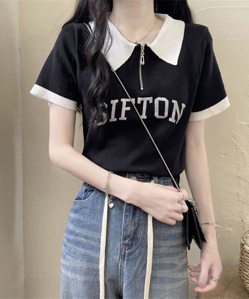 LETee(レティー)の「ハーフジップ×配色デザインが旬顔!スポーティーで大人可愛いロゴポロトップス(Tシャツ/カットソー・レディース・ブラック/ベージュ/ホワイト・FREE)」の9枚目の写真