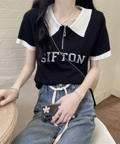 LETee(レティー)の「ハーフジップ×配色デザインが旬顔!スポーティーで大人可愛いロゴポロトップス(Tシャツ/カットソー・レディース・ブラック/ベージュ/ホワイト・FREE)」の10枚目の写真