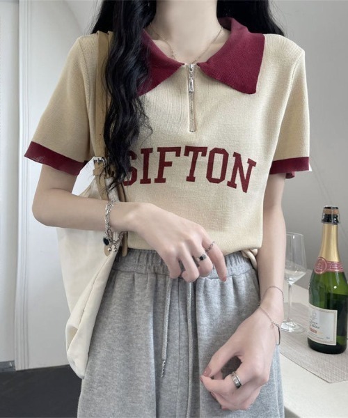 LETee(レティー)の「ハーフジップ×配色デザインが旬顔!スポーティーで大人可愛いロゴポロトップス(Tシャツ/カットソー・レディース・ブラック/ベージュ/ホワイト・FREE)」の12枚目の写真