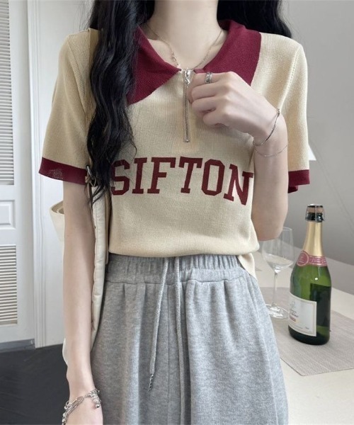 LETee(レティー)の「ハーフジップ×配色デザインが旬顔!スポーティーで大人可愛いロゴポロトップス(Tシャツ/カットソー・レディース・ブラック/ベージュ/ホワイト・FREE)」の13枚目の写真