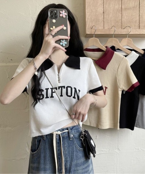 LETee(レティー)の「ハーフジップ×配色デザインが旬顔!スポーティーで大人可愛いロゴポロトップス(Tシャツ/カットソー・レディース・ブラック/ベージュ/ホワイト・FREE)」の14枚目の写真