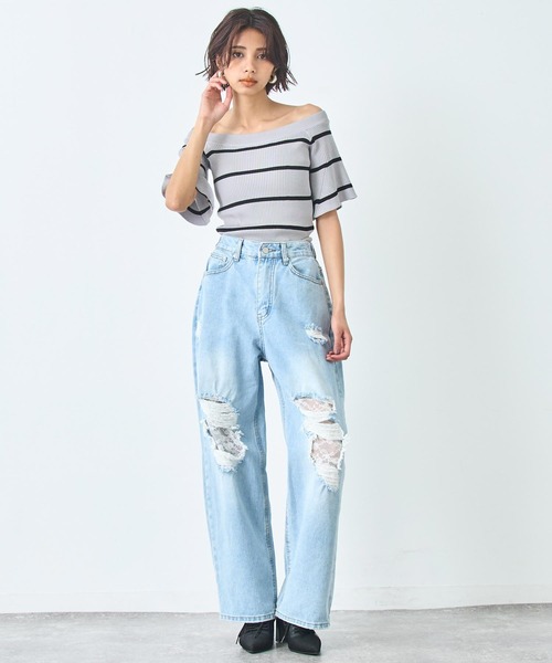 【売れました】ANAP(アナップ)ボーダートップス ANAP（アナップ）の「オフショル ボーダー リブ ニットトップス