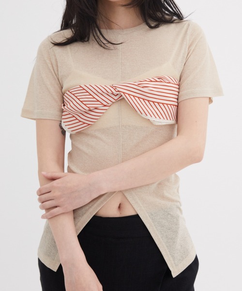 センタースリットシアーハーフスリーブトップス（Tシャツ