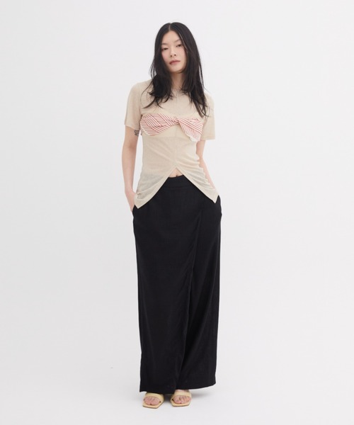 FUULLY STUDIO（フーリィーステューディオ）の「センタースリットシアーハーフスリーブトップス（Tシャツ/カットソー・レディース・ベージュ/ブラック/ライトピンク・FREE）」の8枚目の写真