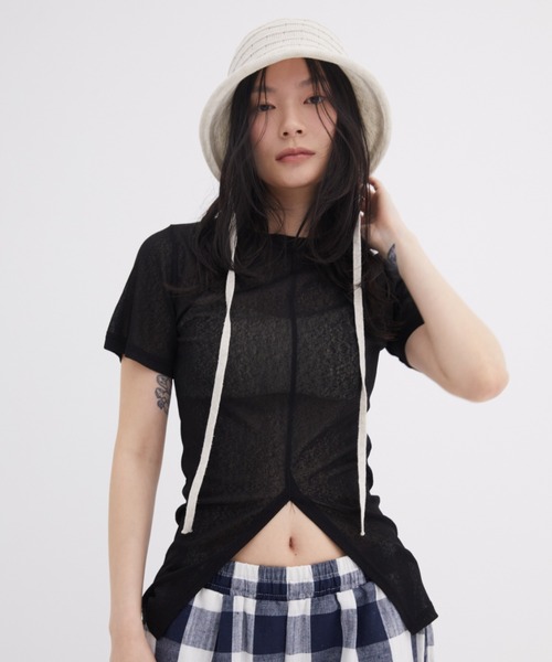 【shorさま専用】【新品・未使用】ハーフスリーブトップ 0624【ブラック】 センタースリットシアーハーフスリーブトップス（Tシャツ