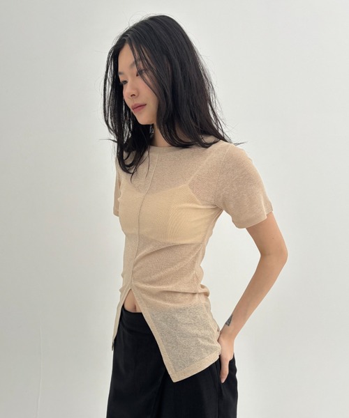 FUULLY STUDIO（フーリィーステューディオ）の「センタースリットシアーハーフスリーブトップス（Tシャツ/カットソー・レディース・ベージュ/ブラック/ライトピンク・FREE）」の13枚目の写真