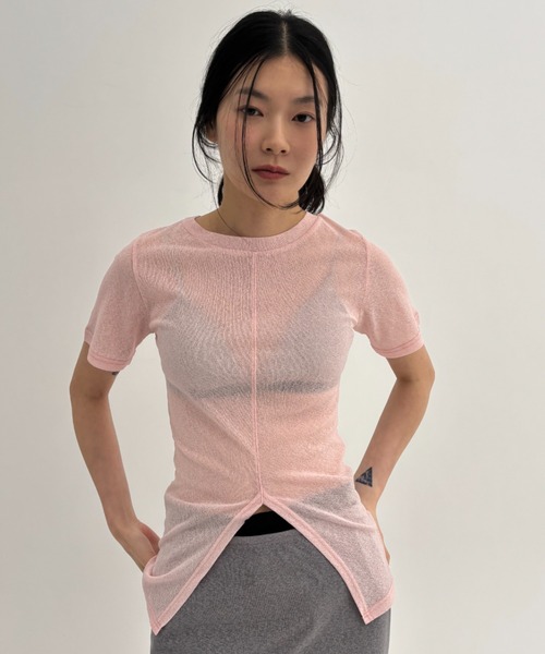 FUULLY STUDIO（フーリィーステューディオ）の「センタースリットシアーハーフスリーブトップス（Tシャツ/カットソー・レディース・ベージュ/ブラック/ライトピンク・FREE）」の21枚目の写真