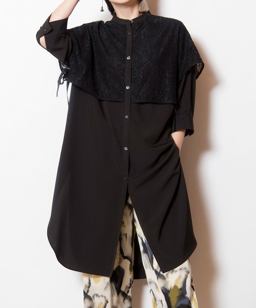 OSMOSIS（オズモーシス）の「レースレイヤードロングシャツ（シャツ/ブラウス・レディース・ブラック/ベージュ/ホワイト・ONE SIZE）」の2枚目の写真