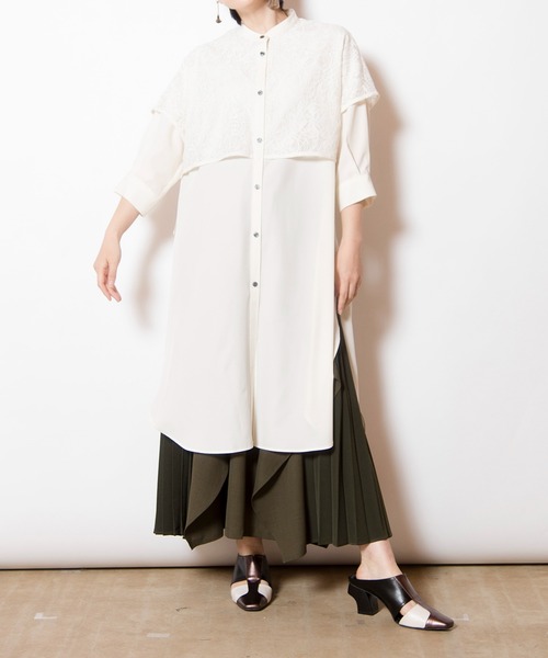 OSMOSIS（オズモーシス）の「レースレイヤードロングシャツ（シャツ/ブラウス・レディース・ブラック/ベージュ/ホワイト・ONE SIZE）」の7枚目の写真