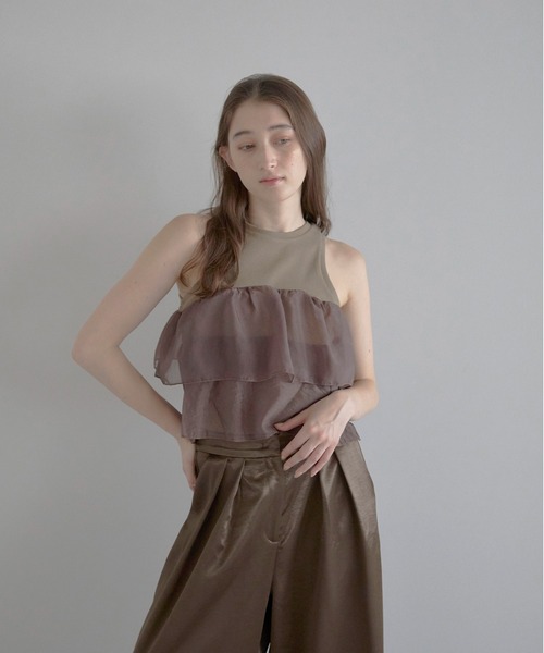 MINERTE（ミネルテ）の「【MINERTE】organza docking american sleeve tank / オーガンジードッキングアメスリタンク（タンクトップ・レディース・カーキ系/ブラック/ホワイト・FREE）」の3枚目の写真