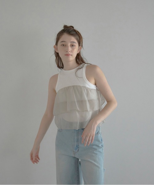 MINERTE（ミネルテ）の「【MINERTE】organza docking american sleeve tank / オーガンジードッキングアメスリタンク（タンクトップ・レディース・カーキ系/ブラック/ホワイト・FREE）」の4枚目の写真