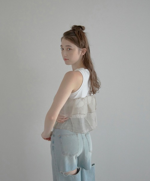 MINERTE（ミネルテ）の「【MINERTE】organza docking american sleeve tank / オーガンジードッキングアメスリタンク（タンクトップ・レディース・カーキ系/ブラック/ホワイト・FREE）」の6枚目の写真