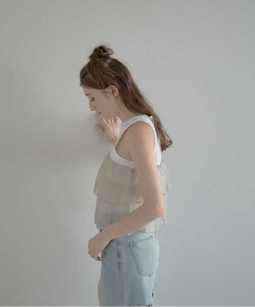 MINERTE（ミネルテ）の「【MINERTE】organza docking american sleeve tank / オーガンジードッキングアメスリタンク（タンクトップ・レディース・カーキ系/ブラック/ホワイト・FREE）」の7枚目の写真