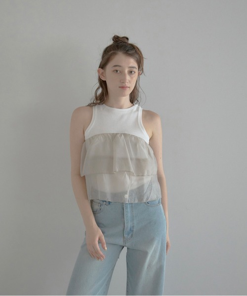 MINERTE（ミネルテ）の「【MINERTE】organza docking american sleeve tank / オーガンジードッキングアメスリタンク（タンクトップ・レディース・カーキ系/ブラック/ホワイト・FREE）」の8枚目の写真