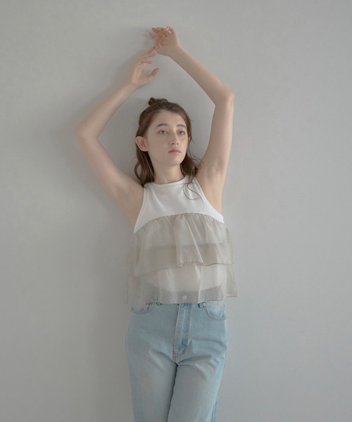 MINERTE（ミネルテ）の「【MINERTE】organza docking american sleeve tank / オーガンジードッキングアメスリタンク（タンクトップ・レディース・カーキ系/ブラック/ホワイト・FREE）」の9枚目の写真