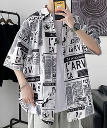 【BENDER TOKYO】英字 ロゴ ニュースペーパー 総柄プリント ドレープ レギュラーカラーシャツ 半袖