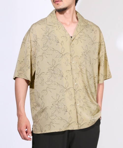 LUXSTYLE（ラグスタイル）の「線画花柄オープンカラー半袖シャツ（シャツ/ブラウス・メンズ・ブラック/ベージュ・M/L）」の2枚目の写真