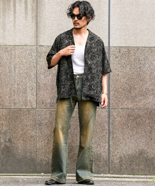 LUXSTYLE（ラグスタイル）の「線画花柄オープンカラー半袖シャツ（シャツ/ブラウス・メンズ・ブラック/ベージュ・M/L）」の5枚目の写真