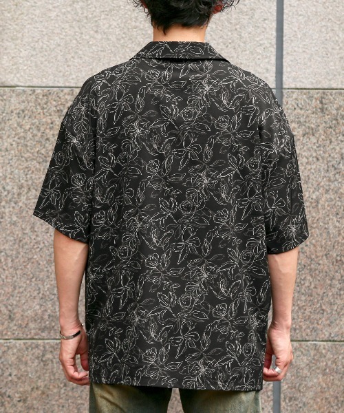 LUXSTYLE（ラグスタイル）の「線画花柄オープンカラー半袖シャツ（シャツ/ブラウス・メンズ・ブラック/ベージュ・M/L）」の13枚目の写真