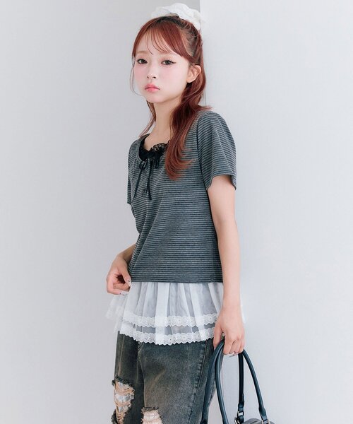 OLIVE des OLIVE(オリーブデオリーブ)の「レイヤード風ヘンリーネックシャツ(Tシャツ/カットソー・レディース・サックスブルー/チャコールグレー/オフホワイト/ネイビー・FREE)」の20枚目の写真