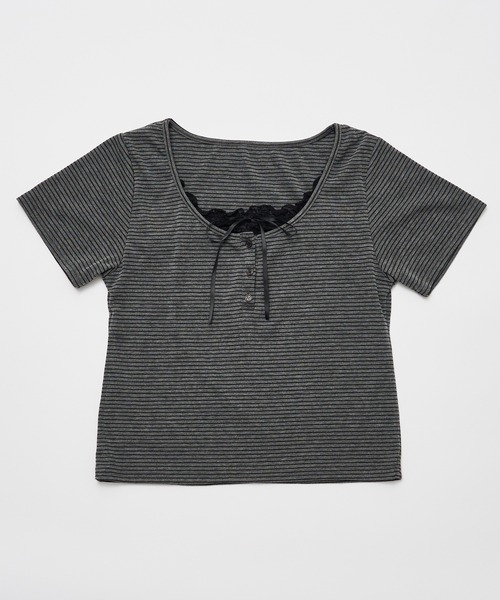 OLIVE des OLIVE(オリーブデオリーブ)の「レイヤード風ヘンリーネックシャツ(Tシャツ/カットソー・レディース・サックスブルー/チャコールグレー/オフホワイト/ネイビー・FREE)」の7枚目の写真