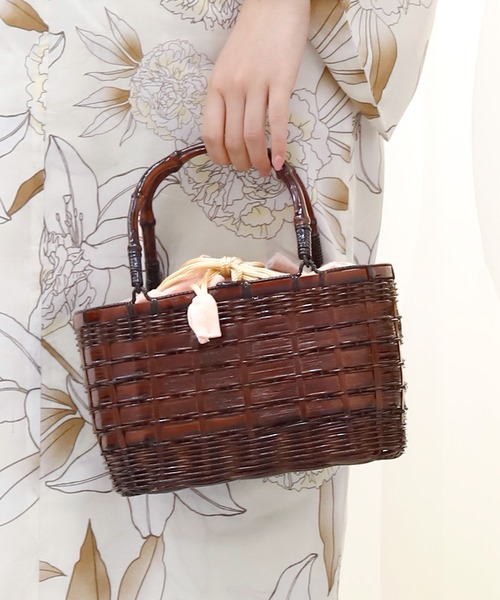 和装　竹籠　竹バッグ　夏物　美品　浴衣装 竹かごバッグ 巾着付き 竹バッグ 黒 浴衣巾着 夏用着物バッグ