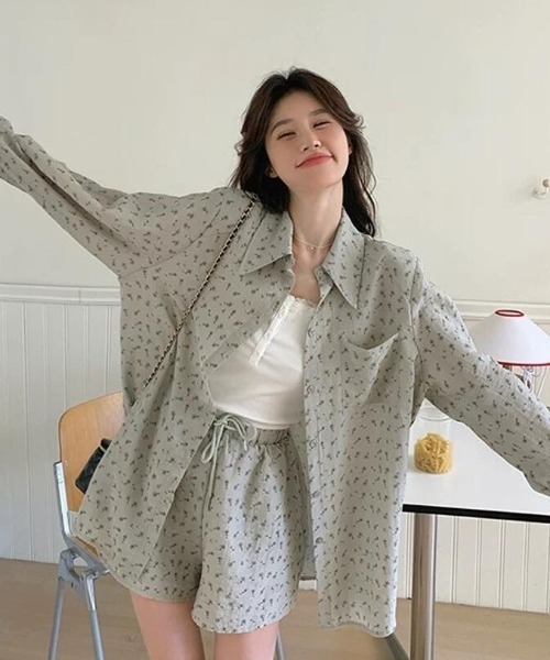 花柄 セットアップ ボリューム袖 シャツ ショートパンツ ルーズ セール】花柄シャツ&ショートパンツ セットアップ