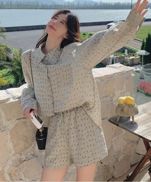 花柄 セットアップ ボリューム袖 シャツ ショートパンツ ルーズ セール】花柄シャツ＆ショートパンツ セットアップ