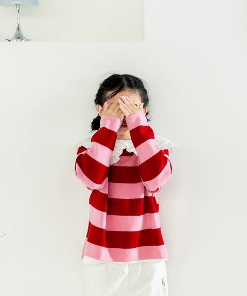 LOWRYS FARM（ローリーズファーム）の「ボーダーニットプルオーバーＬＳ　583715（ニット/セーター・キッズ・ピンク/ブルー/ホワイト×ブラック・110cm/120cm/130cm/140cm/150cm）」の3枚目の写真