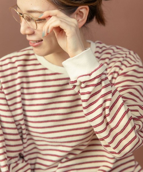 PAR ICI（パーリッシィ）の「製品染めパイルボーダー クルーネックプルオーバー（Tシャツ/カットソー・レディース・ベージュ/チャコールグレー/カーキ・FREE）」の3枚目の写真