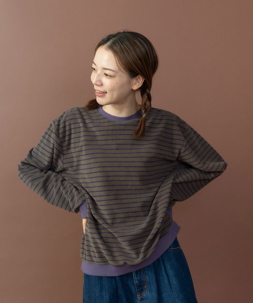 PAR ICI（パーリッシィ）の「製品染めパイルボーダー クルーネックプルオーバー（Tシャツ/カットソー・レディース・ベージュ/チャコールグレー/カーキ・FREE）」の2枚目の写真