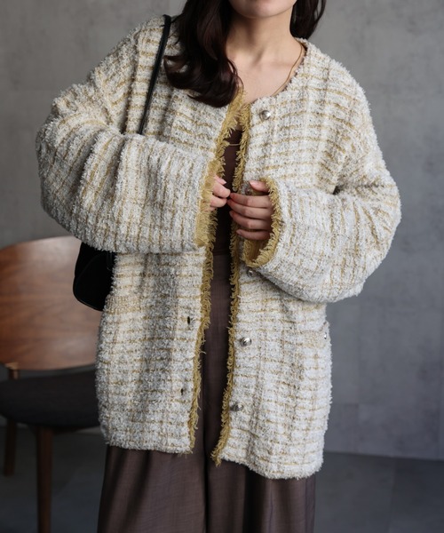 Drawerブラック＆ホワイトツィードニットカーデジャケット Drawerブラック＆ホワイトツィードニットカーデジャケット ミックス