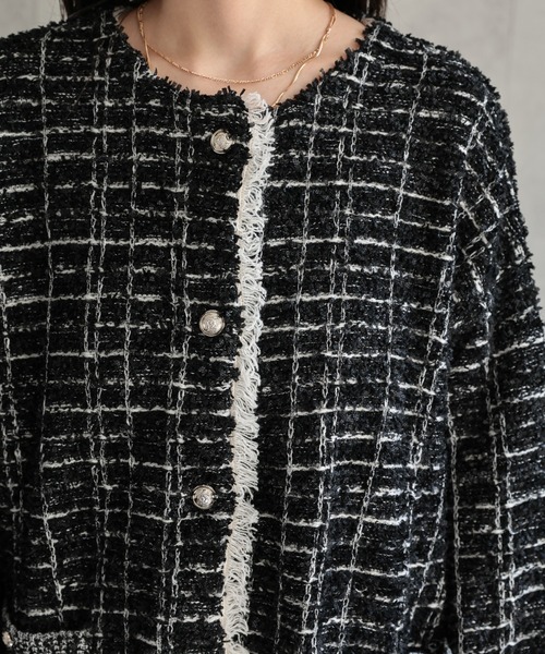 ap retro(アプレトロ)の「ツイード編みニットカーディガン / ニットジャケット(ノーカラージャケット・レディース・ベージュ系その他/ブラック系その他/グレー・FREE)」の6枚目の写真