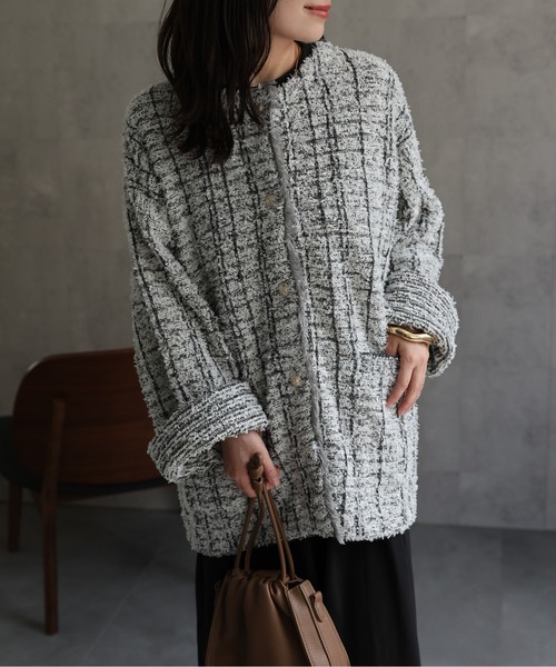 ap retro(アプレトロ)の「ツイード編みニットカーディガン / ニットジャケット(ノーカラージャケット・レディース・ベージュ系その他/ブラック系その他/グレー・FREE)」の19枚目の写真