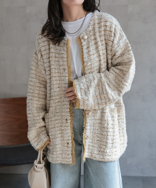 ap retro(アプレトロ)の「ツイード編みニットカーディガン / ニットジャケット(ノーカラージャケット・レディース・ベージュ系その他/ブラック系その他/グレー・FREE)」の22枚目の写真