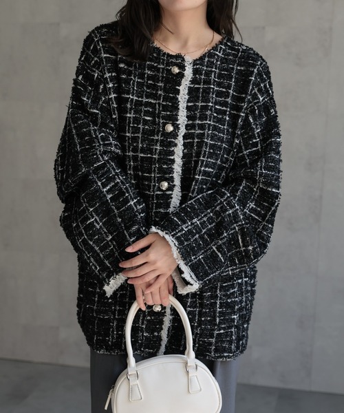 ap retro(アプレトロ)の「ツイード編みニットカーディガン / ニットジャケット(ノーカラージャケット・レディース・ベージュ系その他/ブラック系その他/グレー・FREE)」の4枚目の写真