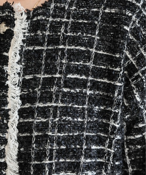 ap retro(アプレトロ)の「ツイード編みニットカーディガン / ニットジャケット(ノーカラージャケット・レディース・ベージュ系その他/ブラック系その他/グレー・FREE)」の7枚目の写真