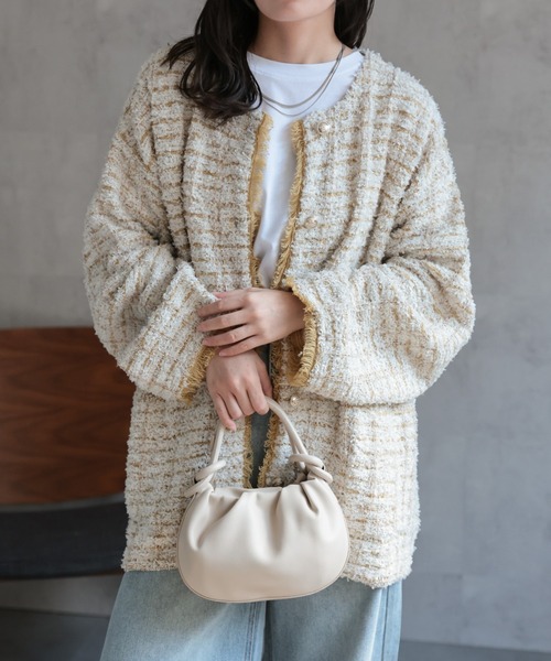 ap retro(アプレトロ)の「ツイード編みニットカーディガン / ニットジャケット(ノーカラージャケット・レディース・ベージュ系その他/ブラック系その他/グレー・FREE)」の21枚目の写真